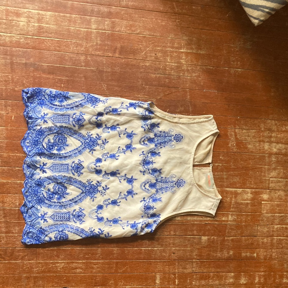 Blue and tan lace tank top